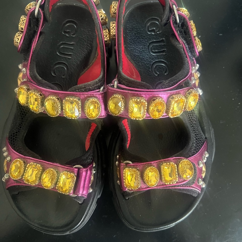 Gucci Black and Purple Sandals with Yellow Accents - Picture 2 of 6